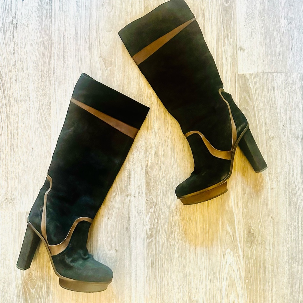 BOSS ORANGE HUGO BOSS GEMINI Black & Brown Knee-High Womens Suede Platform Boots